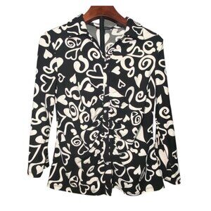 Como Black Long Sleeve Button-Up Shirt Abstract Heart Swirl Pattern Ruched Front